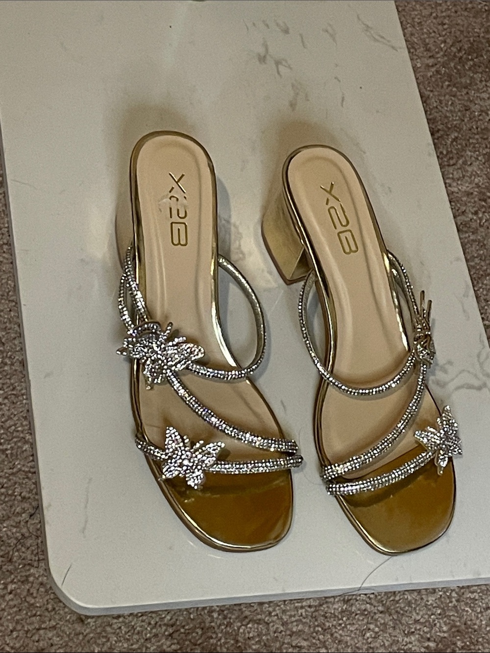 X2B Gold Rhinestone Butterfly Embellished Slide Mules Size 8